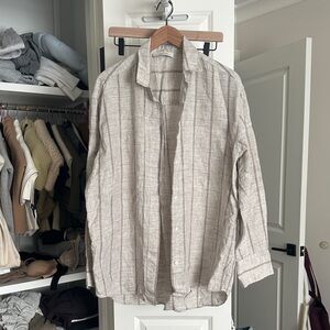 100% Linen Light Beige Striped Linen Button-Up Shirt